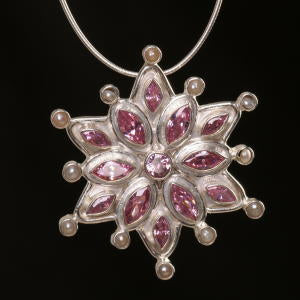Pink Zircon pearl tipped flower pendant